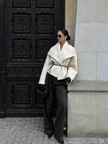 Elegant Women's Beige Open Front Wool Coat, Long Sleeve Dropped Shoulder Jacket With Belt, Suitable For Autumn/Winter Wear. Fall - Apricot - View 4