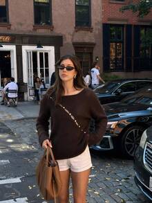 Sookaug Women's Autumn/Winter Coffee Color Off-Shoulder Asymmetric Button Knit Sweater, Versatile Elegant Elegant Long Sleeve Pullover, 2026 New Arrival, Off-Shoulder Knit Sweater, Asymmetric Button Design, Autumn Long Sleeve Regular Fit Pullover - Brown - View 2