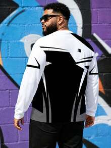 Men's Plus Size Casual Crew Neck Long Sleeve T-Shirt, Polyester Knit Fabric, Comfortable & Breathable, Fashion Street "Line Functional Style" Graphic, Casual Street Design Fresh Series, Novel Personalized Top - Black - View 2