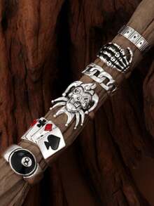 RINTOLER 6pcs Vintage Distressed Gothic Style Spade Heart Poker Card Clown Ring Set, Punk Hip Hop Iron Alloy Closed Ring Set, Non-Adjustable - Multicolor - View 8