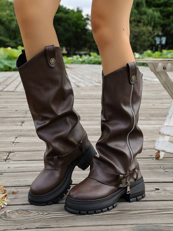 Vintage Women's Slip-On Ruched Leg Boots With Side Zipper, Metal Buckle, Thick Sole, Fashion Mid-Calf Boots, Autumn/Winter New Y2K Style Hot Girl Brown Motorcycle Boots