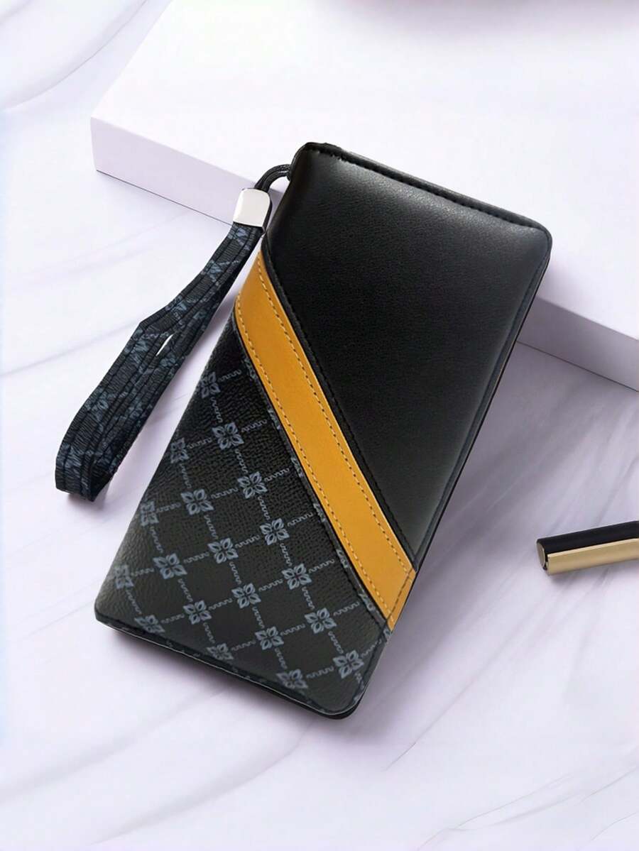 HOVI'S 男士復古字母圖案PU皮革長拉鍊錢包,拼色條紋設計附腕帶,8卡槽內拉鍊口袋手拿包 - 黑色 - 查看 1