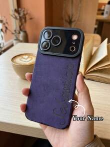 Customized Personalized Name Phone Case, Compatible With IPhone 11 12 13 14 15 16 17 18 Pro Max Plus 17 Air, Korean Luxury Soft PU Leather, 3D DIY Engraved Letter Initial Name, Camera Shockproof Protective Shell, Holiday Gift For Lovers, Friends, Family, Yourself - Purple - View 1