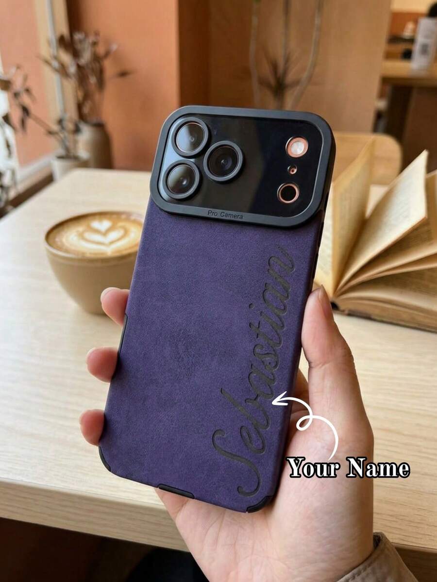Customized Personalized Name Phone Case, Compatible With IPhone 11 12 13 14 15 16 17 18 Pro Max Plus 17 Air, Korean Luxury Soft PU Leather, 3D DIY Engraved Letter Initial Name, Camera Shockproof Protective Shell, Holiday Gift For Lovers, Friends, Family, Yourself - Purple - View 1