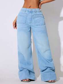 Celana Jeans Wanita Model Low Waist Wide Leg Casual Biru dengan Kantong Miring dan Lengkung untuk Musim Gugur - Baby Blue - View 5