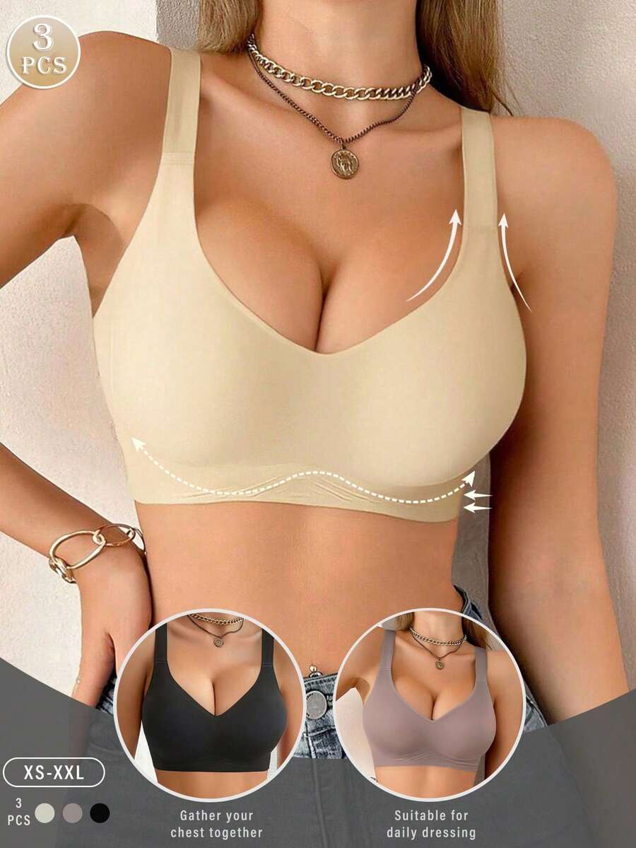 3 piezas de sujetadores sin costuras y sin cables con soporte y elevación para mujeres, con tirantes anchos, cómodos y ajustables, aptos para uso diario con camisetas