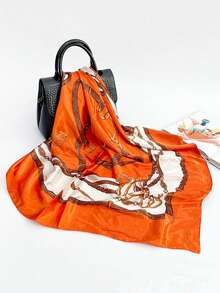 1 pieza Pañuelo de seda sintética de estilo bohemio de 90*90cm con estampado, pañuelo cuadrado profesional, nuevo elegante pañuelo estampado para mujer, transpirable y versátil, adecuado para playa, calle, uso diario, vacaciones, ocasiones de negocios - S50739-Naranja - Ver 1