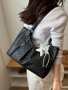 Nicekee Contrasting Polka Dot Pleated Tote Bag, Paired With Star Hanging Decorations, Large Capacity Casual Versatile Shoulder Bag, Suitable Commuting - Multicolor - View 3