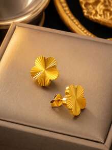 VceTd 1/2/3PCS Elegant Five-Petal Flower Textured Design Stainless Steel Women's Jewelry Set Suitable For Women's Daily Wear, Evening Events, Vacation Or Gifts - Yellow Gold - View 5