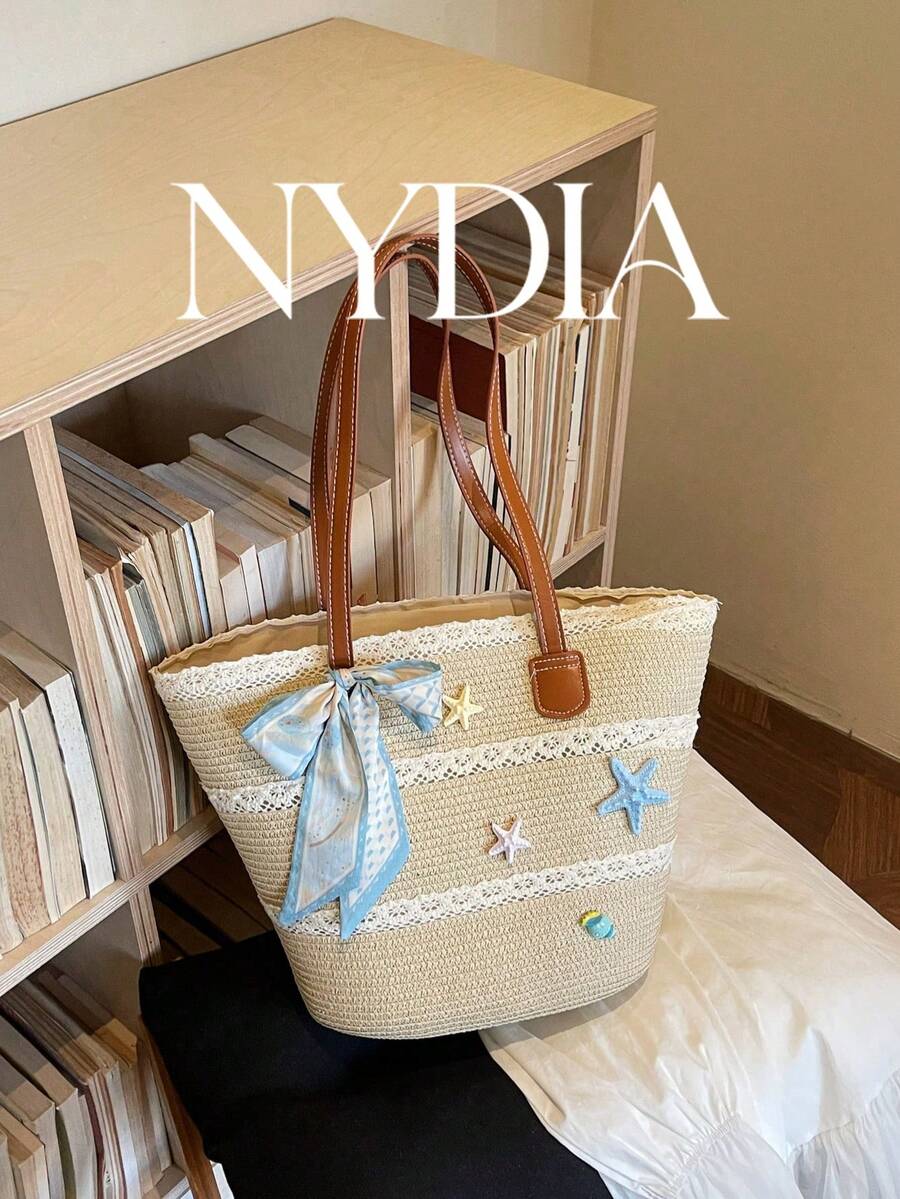 1 pieza Bolso de cubo tejido de paja texturizada de alta calidad, adecuado para uso diario, citas y compras, estilo de vacaciones de moda