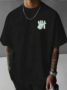 Men's Casual T-Shirt, Versatile And Fashionable, With Creative Graffiti Prints In Color Blocks And Letters On The Front And Back, For # Des PGZF - 黑色 - 查看 2