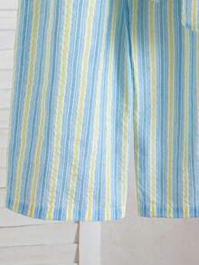 Young Boy Knight Print Shirt And Striped Long Pants Set - Baby Blue - View 6