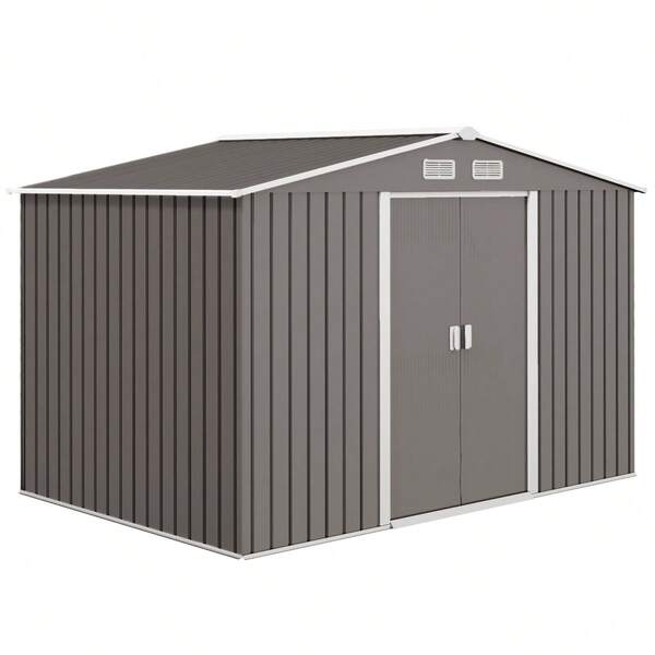 9 X 6FT Outdoor Garden Roofed Metal Storage Shed Box With Foundation Ventilation & Light, On-Site