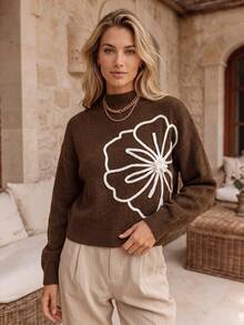 Pull femme en maille de laine à col montant, manches longues, broderie florale 3D, coupe ample, décontracté, chaud pour l'automne/hiver - Tabac - Voir 7
