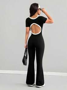 VENORA Contrast Trim Square Neck Cut Out Back Short Sleeve Flare Jumpsuit, Slim Fit High Waist Bodycon Jumpsuit For Daily Sports,Fall,Gym - Black - View 6
