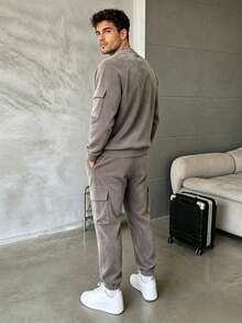 Retro Washed Fuzzy Cargo Tracksuit, Men Raglan Crew Neck Sweatshirt Drawstring Cargo Joggers Casual 2‑Piece Outfit - Dark Grey - View 4