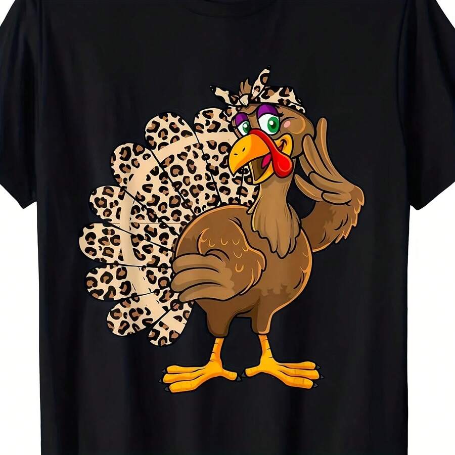 Thanksgiving Turkey  Leopard Print Autumn Fall T-Shirt - 220g - 款式 - 查看 1