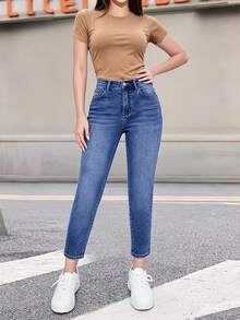 YANGCANREN Teen Girl Casual Versatile Denim Long Pants With Pockets And Buttons - Royal Blue - View 4