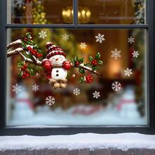 2D Flat Style, 1pc 2D Peeking Plaid Snowman Static Cling Window Sticker, Glue-Free Double-Sided Snowy Winter Holly Berry Branch Snowflake Decal, Reusable PVC Winter Christmas Glass Sticker, Suitable For Home, Cafe, Store Holiday Window Decoration - A - View 5