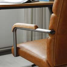 Office Chair Leather Brown - Wooden Arms - Brown - View 3