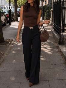 YIU Women's Black Woven Fabric Wide Leg Pants, Gold Buckle Detail, Medium Stretch Basic Long Pants - Black - View 6