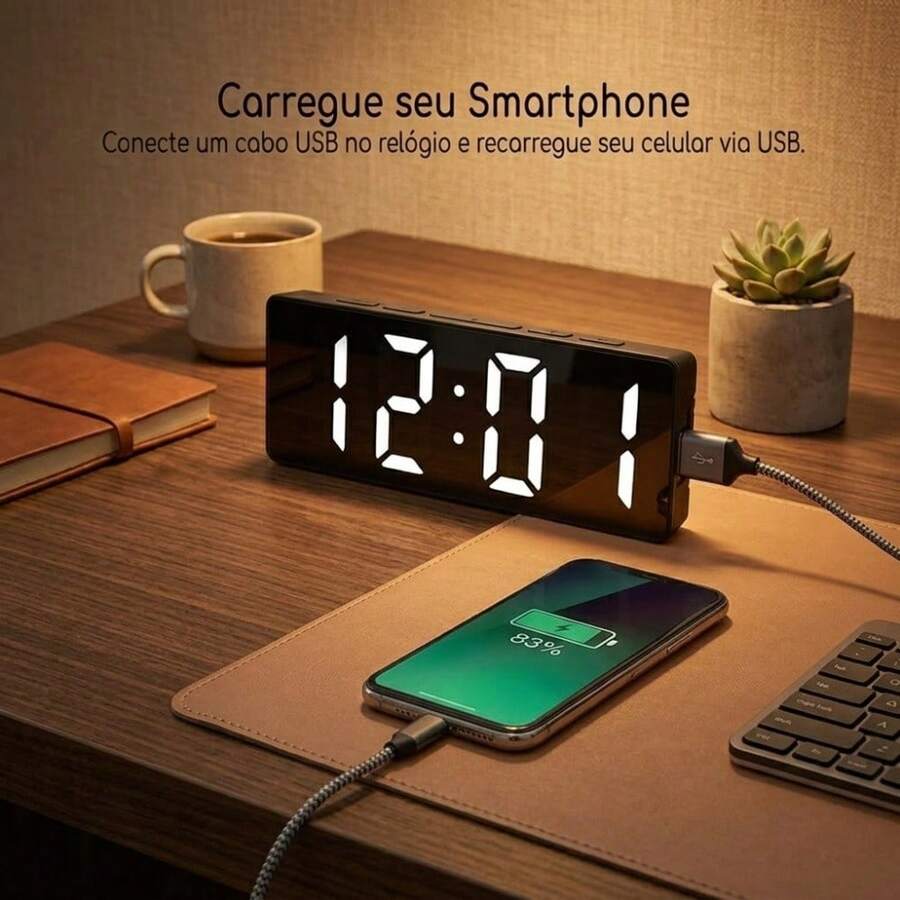 Relogio Digital De Mesa Com Despertador Tela Espelhada LED Alarme E Temperatura Funciona USB E Pilha AAA - Despertador - Visão 1