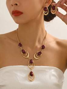 2pcs/Set French Luxury Burgundy Asymmetric Faux Pearl Women's Jewelry Set, Vintage Bohemian Exaggerated Metal Style, Water Drop Oval Double Ring Layered Design Y-Shaped Necklace And Earrings, Evening Dress Accessories, Celebration Holiday Christmas Gift Lightweight Luxury - Red - View 2