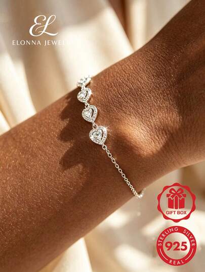 SYMFNY Pulsera de Plata de Ley 925 con Forma de Corazón, Incrustada de Circonita, Artesanía de Incrustación Completamente Pavimentada, Adecuada para el Uso Diario de la Mujer, Fiestas u Ocasiones Especiales