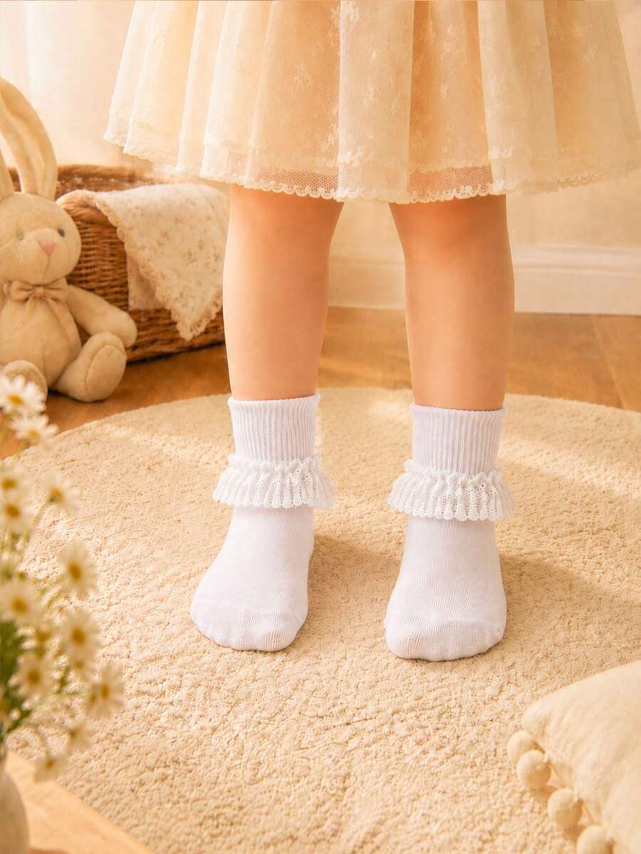 1雙女童荷葉邊短襪,甜美公主風派對洋裝裝飾襪,小女孩禮儀襪 - 白色 - 查看 1