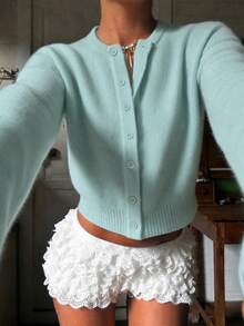 Autumn/Winter Casual Versatile Solid Color Knit Cardigan - Mint Blue - View 7