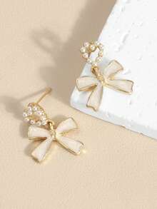 French Style Heart Bow Earrings, Delicate Atmosphere Dangle Earrings - Multicolor - View 5