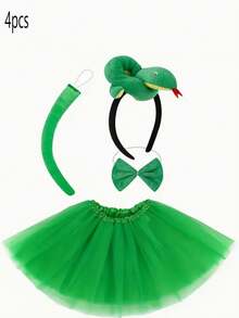 4pcs Or 3pcs Green Cute Costume Set, Includes 3D Headband, Belt And Tail Mesh Chiffon Skirt, Suitable For Birthday Party, Stage Performance And Other Occasions, Halloween - Multicolor - View 4