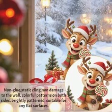 1/3pcs Winter Xmas Static Window Stickers. Cute Highland Cow Squirrel Reindeer With Santa Hat And Candy & Gift Box Design Pattern, Reusable No Residue Vinyl Decals For Glass Window Storefront Winter Xmas Holiday Home Party Decor. - Multicolor - View 11