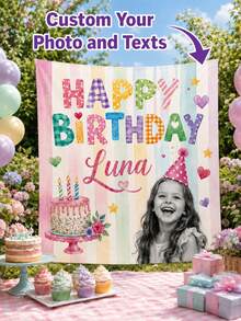 Custom Photo Wall Tapestry, Personalized Birthday Banner With Image And Text, Colorful Party Backdrop Poster, Customized Celebration Decor, Birthday Commemorative Gift, Children Family Friends Room Decoration Personalized Hanging Decor - Multicolor - View 1