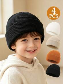 4pcs Multicolor Children's Folded Knit Hats, Soft Elastic Warm Winter Hats, Suitable For Boys And Girls, For Cold Weather Skiing Cycling Outdoor Wear - Knitted Hat - View 4