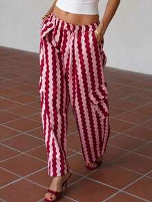 New Fashion Elegant Striped Colorblock Vacation Beach Casual Long Pants For Women, All Seasons - Pink Stripes - View 1