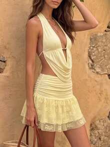 Women Y2K Set - Cream Halter Top & Lace Ruffle Mini Skirt - Cowl Neck With Bead Detail, Ruched Slim Fit, Stretchy Fabric Suitable For Parties - Yellow - View 6