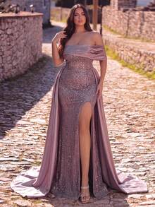 Women's Plus Size Elegant Charming Strapless Cold Shoulder Sequin Beaded Mermaid Long Dress, Side Slit, Suitable For Evening Party And Ball - Purple - View 1