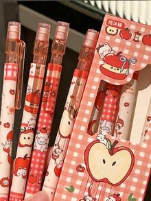 4pcs Red Apple Automatic Pencils, Ins Style High Aesthetic Value, Durable Lead For Exams, School Supplies, Office Supplies, Gift For Friends - Multicolor - View 3