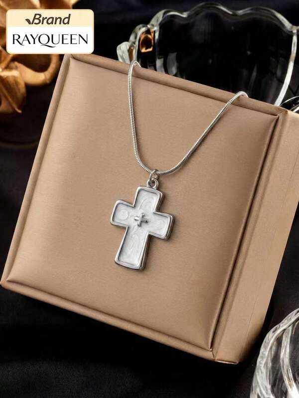 RAYQUEEN 1pc Stainless Steel Vintage Cross Pendant Necklace, 3 Colors, Personalized For Women, Suitable For Daily Wear