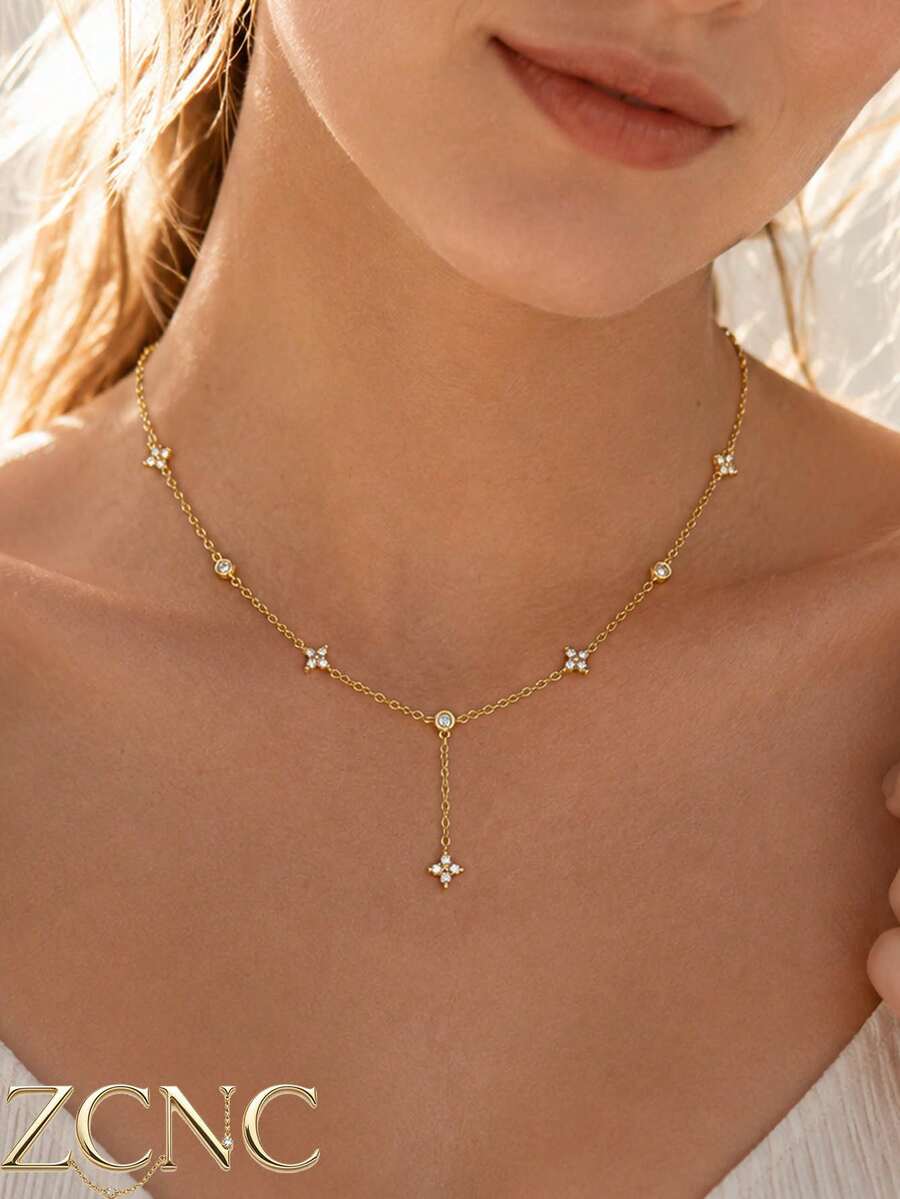 1pc 14k Gold Plated Women's Minimalist Luxury Elegant Crystal Four-Leaf Flower Necklace, Gift For Girlfriend, Christmas, Thanksgiving - Necklace 3 - View 1