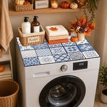 Luckybutterfly Blue & White Mosaic Floral Print Washing Machine Cover Mat, Anti-Slip Wear-Resistant Dust-Proof Countertop Protector Pad, Home Laundry Room Decorative Mat - Multicolor - View 11