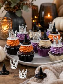 10pcs-Halloween Cupcake Toppers, Witch Hat Cupcake Decor, Silver Mini Crown, Baby Shower Supplies, Gender Reveal, Halloween Baby Party, Birthday Dessert Decoration, Cupcake Toppers, Halloween Cake Decoration - Multicolor - View 5