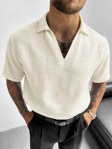 GloMan Men Apricot V‑Neck Linen Semi‑Sheer Short Sleeve Shirt,Summer/Fall Breathable For Vacation Beach,Business,Street,Office Commute,Father/Husband - Apricot - View 3