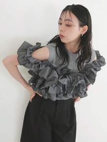 Women Round Neck Sleeveless Ruffle Top Layered 3D Frill Patchwork Cotton Tee Shirt Elegant Chic Summer Party Blouse Solid Color - Grey - View 6