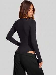 1pc Spring Summer Autumn Winter Long Sleeve Jumpsuit, Square Neck Design, Slimming Ruched Chest, Fashionable Comfortable Versatile Casual Sports Outerwear Base Layer Women's Clothing - Black - View 2