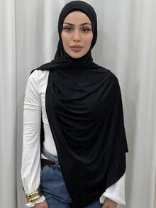 1件純色優雅柔軟女款莫代爾棉舒適百搭頭巾,適合日常配戴 - 黑色 - 查看 3