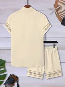 Men's Casual Diamond Geometric Pattern Short-Sleeve Shirt + Drawstring Sport Pocket Shorts Set, Suitable For Hawaiian Vacation Beach Style - Multicolor 2 - View 4