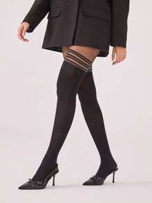 1 Stück Damen 30D Kunst-Oberschenkel-Strumpfhose mit silbernen Streifen, Pailletten, glänzend, Nylon-Mischung, dehnbar, schmal geschnitten, sexy Strumpfhose für den Alltag und Date Night - Schwarz - Übersicht 2