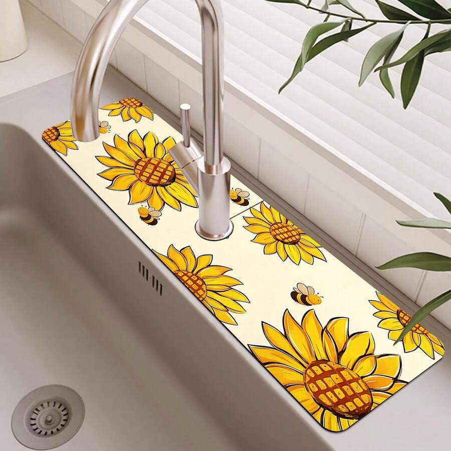 1pc Autumn Floral Pattern Rubber Faucet Splash Guard, Bathroom Faucet Splash Pad, Mud Guard, Moisture-Proof Anti-Slip Faucet Pad, Kitchen Countertop Accessory. Protect Your Kitchen Countertop. - Multicolor - View 1